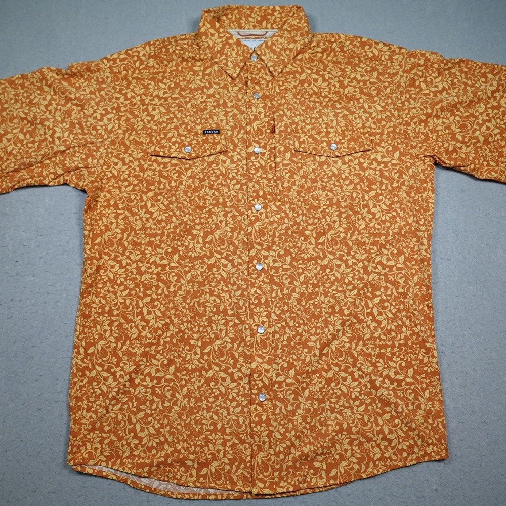 Poncho Outdoors Fishing Shirt Mens Medium Orange Floral Pearl Snap Performance